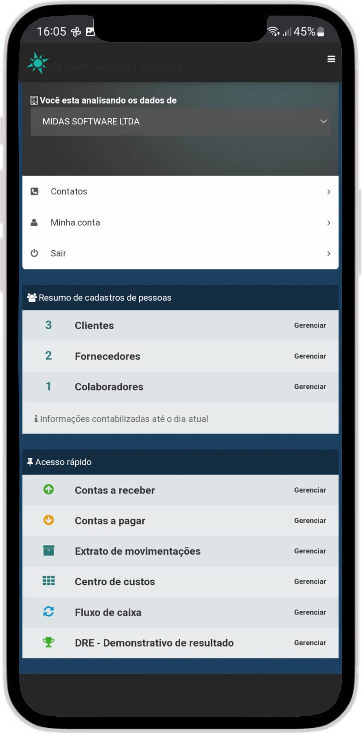 Interface do sistema Midas em dispositivo móvel